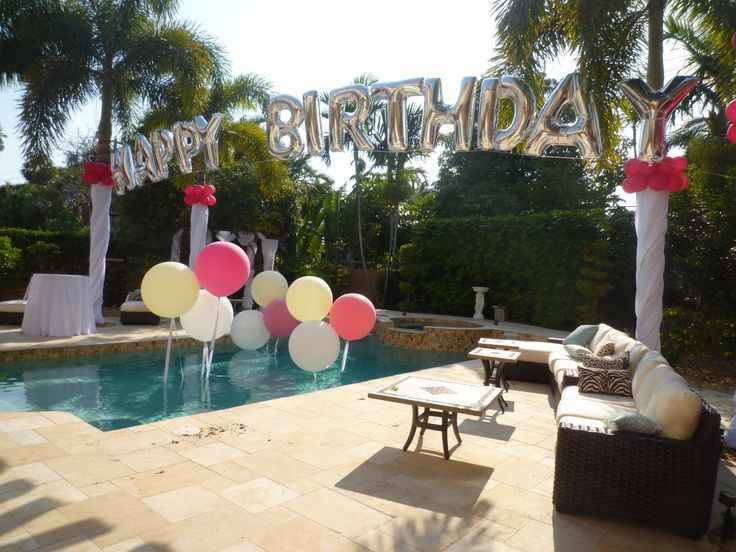 Backyard Pool Party For Adulrs Ideas
 Birthday balloon arch over a swimming pool Backyard party
