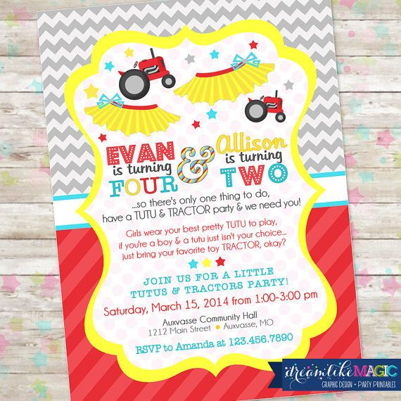 Brother And Sister Birthday Party Ideas
 Tutus and Tractors Invite Brother and Sister by