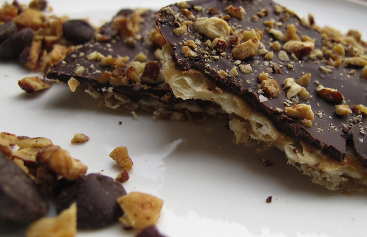 Chocolate Passover Desserts
 Chocolate covered Matzo with Toasted Nuts and Sea Salt