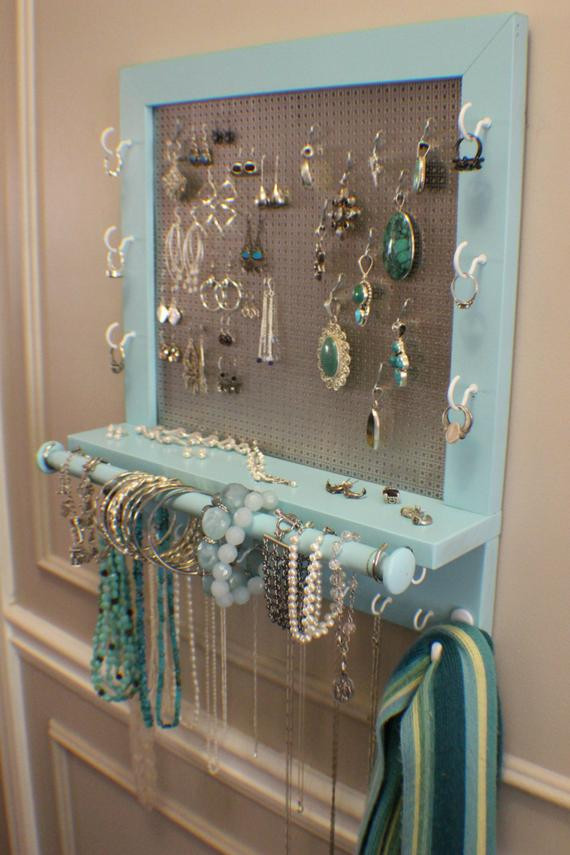 DIY Wall Jewelry Organizer
 Beautiful Turquoise Wall Mounted Jewelry Organizer with a