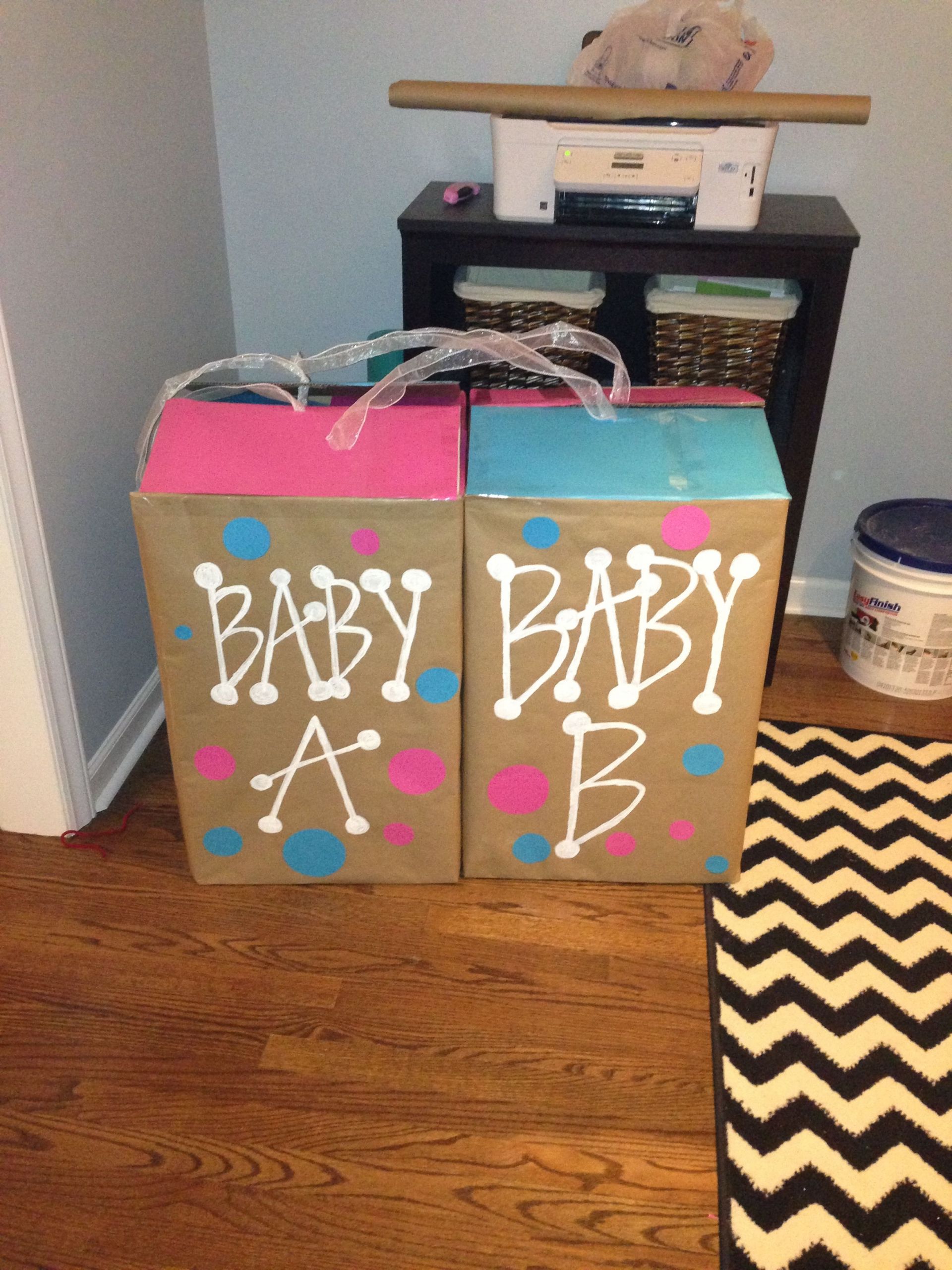 Gender Reveal Party Ideas Twins
 Baby a and baby b gender reveal boxes For twins