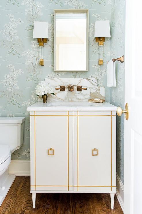 Gold Bathroom Vanity
 Powder Room White Sink Vanity with Gold Trim