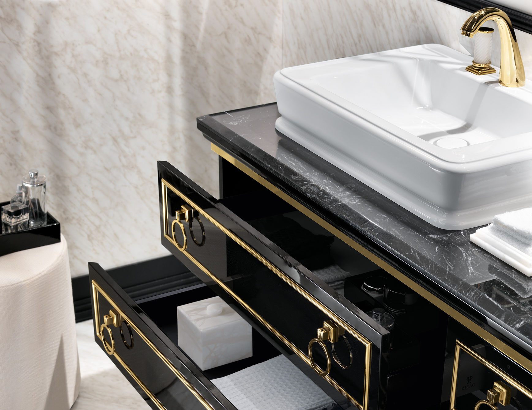 Gold Bathroom Vanity
 Lutetia L1 Luxury Italian Bathroom Vanity in Black Lacquer