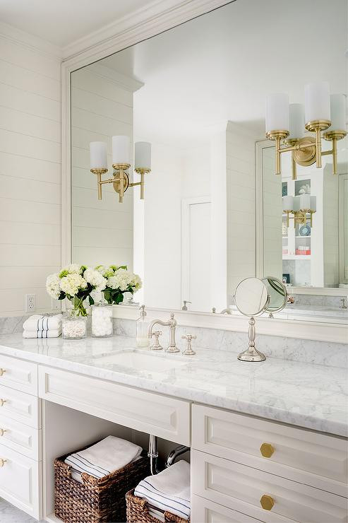 Gold Bathroom Vanity
 White Bathroom Vanity with Gold Hexagon Knobs