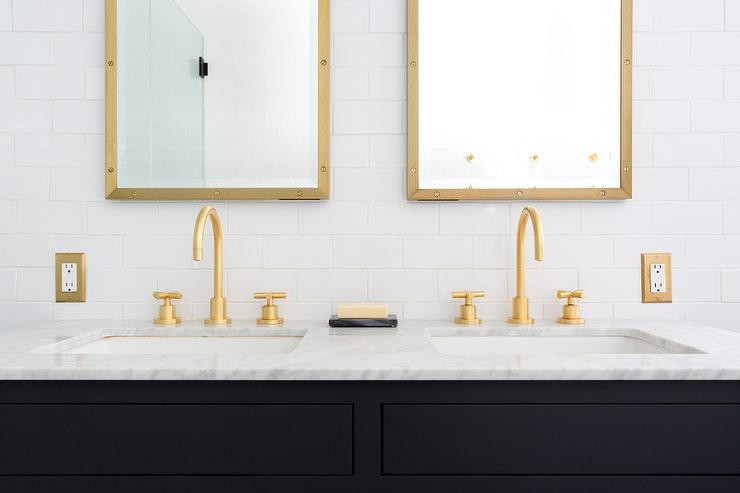 Gold Bathroom Vanity
 Black Dual Bath Vanity with Gold Faucets Transitional