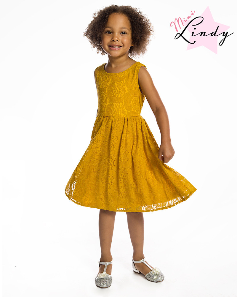 Kids Swing Dress
 Mini Audrey Children s Mustard Lace Swing Dress