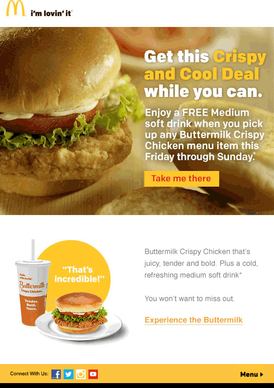 Mcdonald'S Premium Mcwrap Chicken Sweet Chili Buttermilk Crispy
 McDonalds Coupons Free drink with your chicken at McDonalds