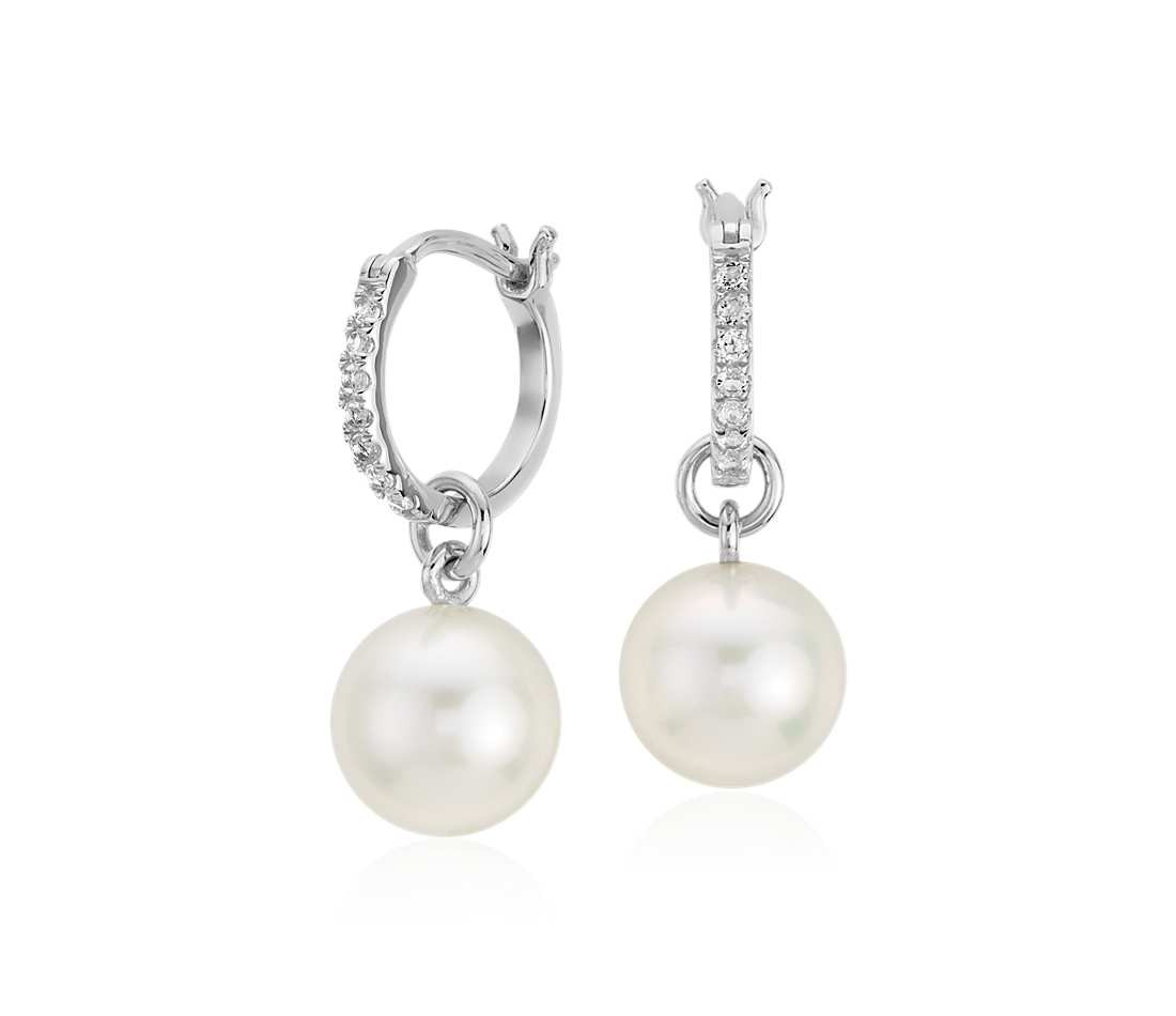 Pearl Diamond Earrings
 Freshwater Cultured Pearl and White Topaz Hoop Earrings in