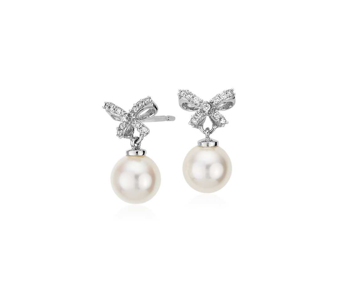 Pearl Diamond Earrings
 Freshwater Cultured Pearl and Diamond Bow Drop Earrings in