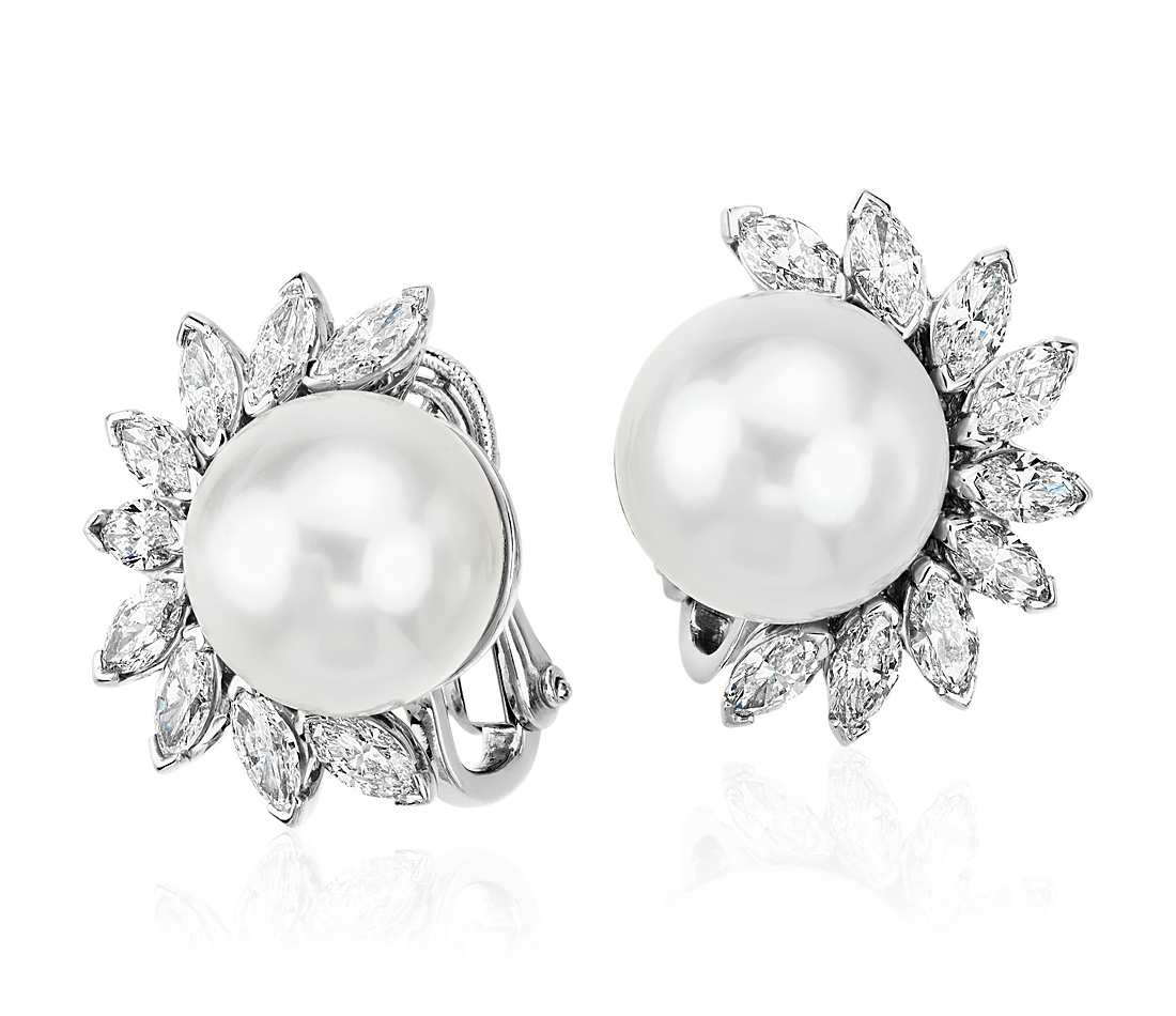 Pearl Diamond Earrings
 South Sea Cultured Pearl and Diamond Earrings in Platinum