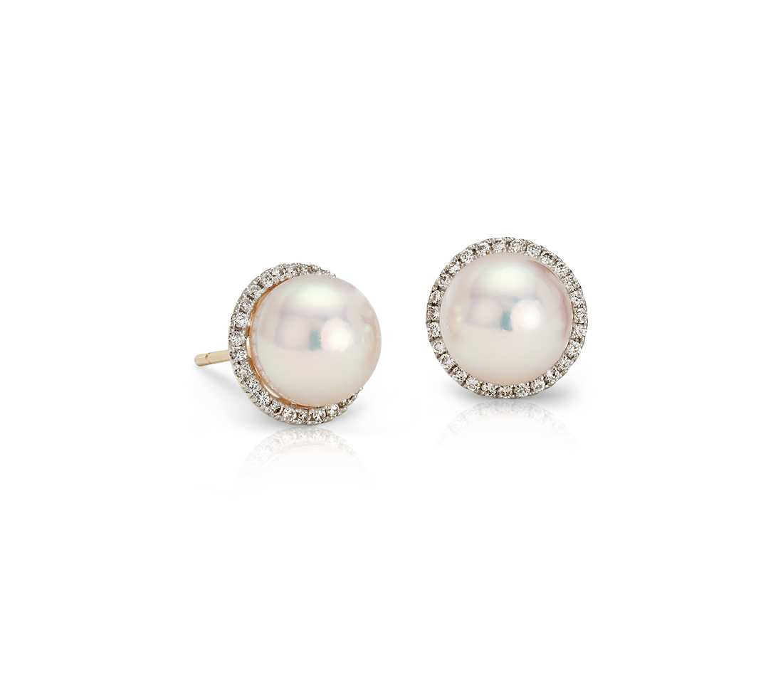 Pearl Diamond Earrings
 Akoya Cultured Pearl and Diamond Halo Stud Earrings in 14k