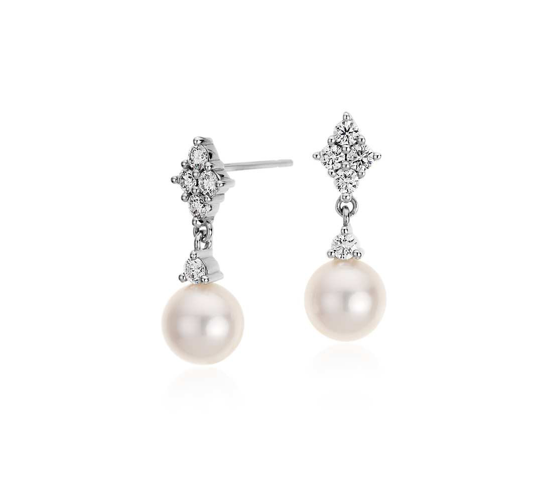 Pearl Diamond Earrings
 Freshwater Cultured Pearl and Diamond Drop Earrings in 14k