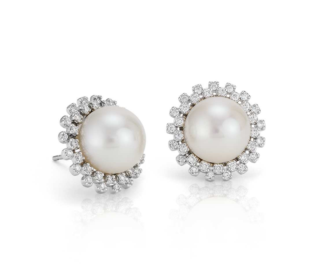 Pearl Diamond Earrings
 Freshwater Cultured Pearl and Diamond Halo Earrings in 14k