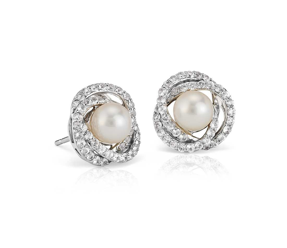 Pearl Diamond Earrings
 Freshwater Cultured Pearl and White Sapphire Stud Earrings
