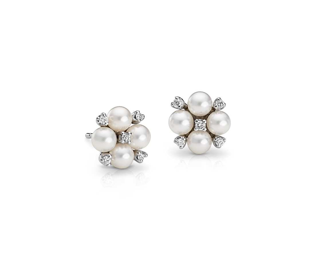 Pearl Diamond Earrings
 Akoya Cultured Pearl and Diamond Cluster Earrings in 18k