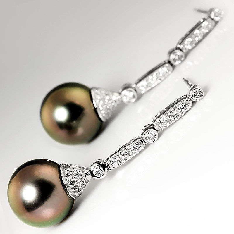 Pearl Diamond Earrings
 Black Tahitian Pearl & Diamond Dangle Drop Earrings in