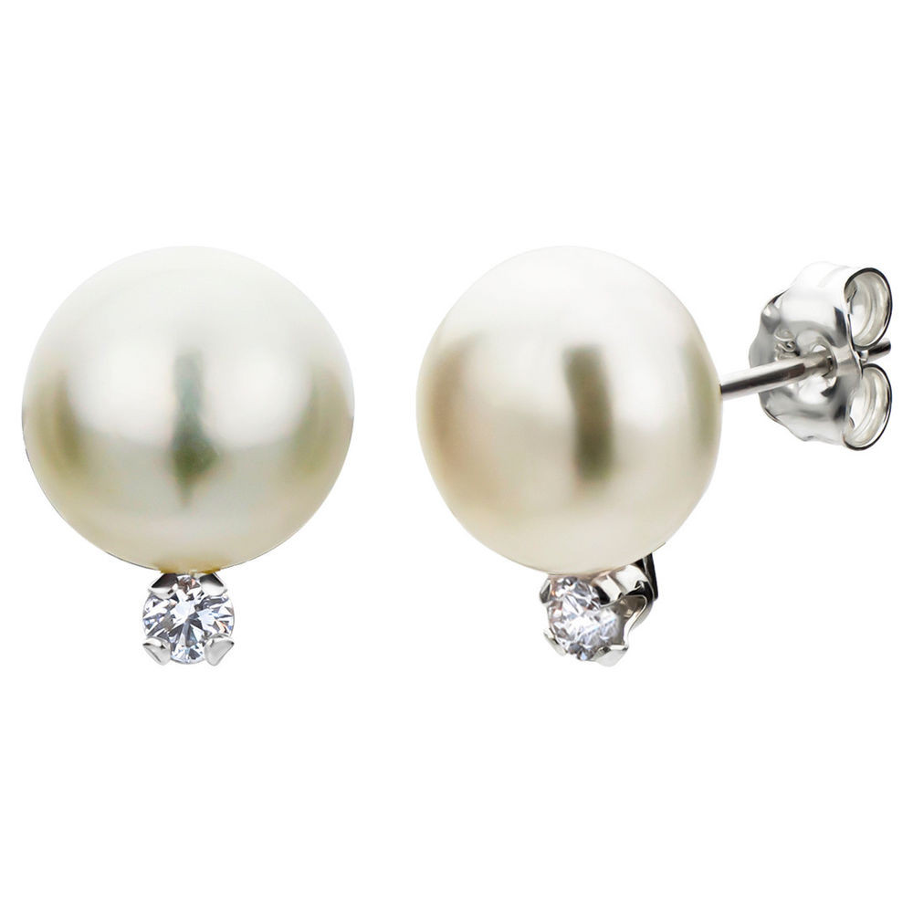 Pearl Diamond Earrings
 DaVonna Sterling Silver White Pearl and Diamond Stud
