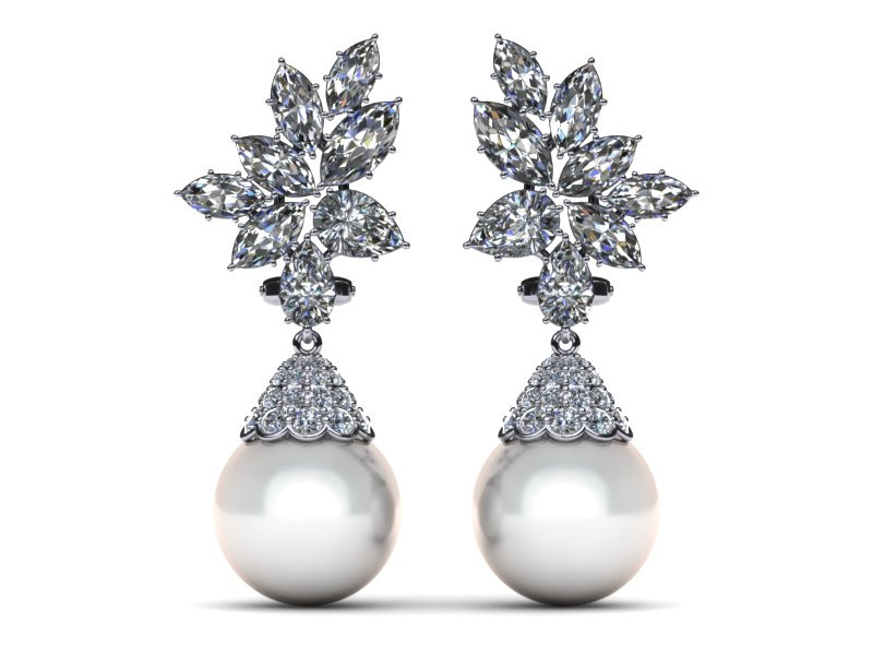 Pearl Diamond Earrings
 White South Sea Pearl Earring Cluster Diamond Cap Style 4