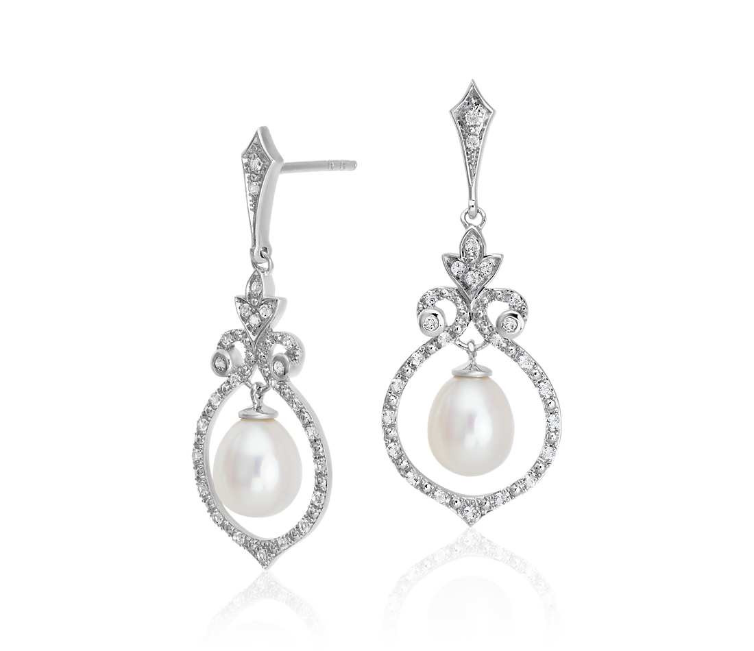 Pearl Diamond Earrings
 Vintage Inspired Freshwater Cultured Pearl and White Topaz