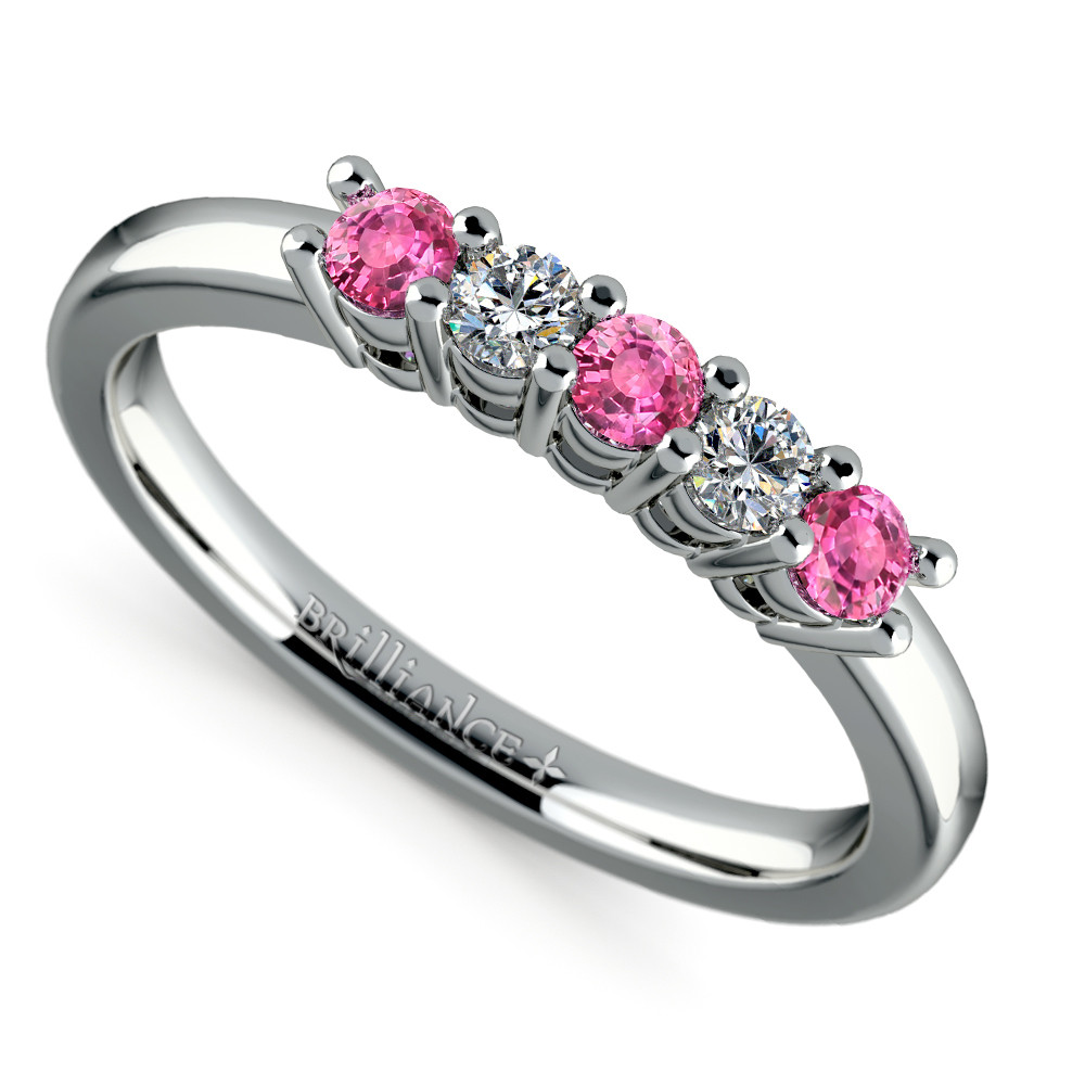 Pink Sapphire Wedding Rings
 Five Diamond & Pink Sapphire Wedding Ring in White Gold 1