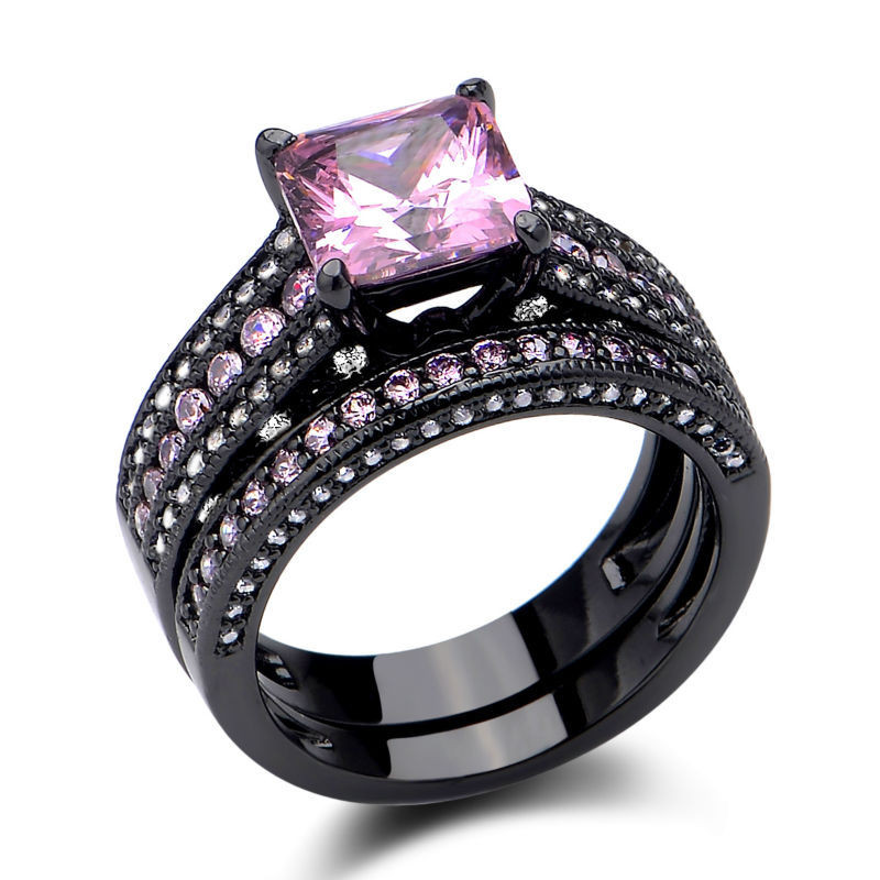 Pink Sapphire Wedding Rings
 Hot 925 Sterling Silver Wedding Ring Sets Princess Cut