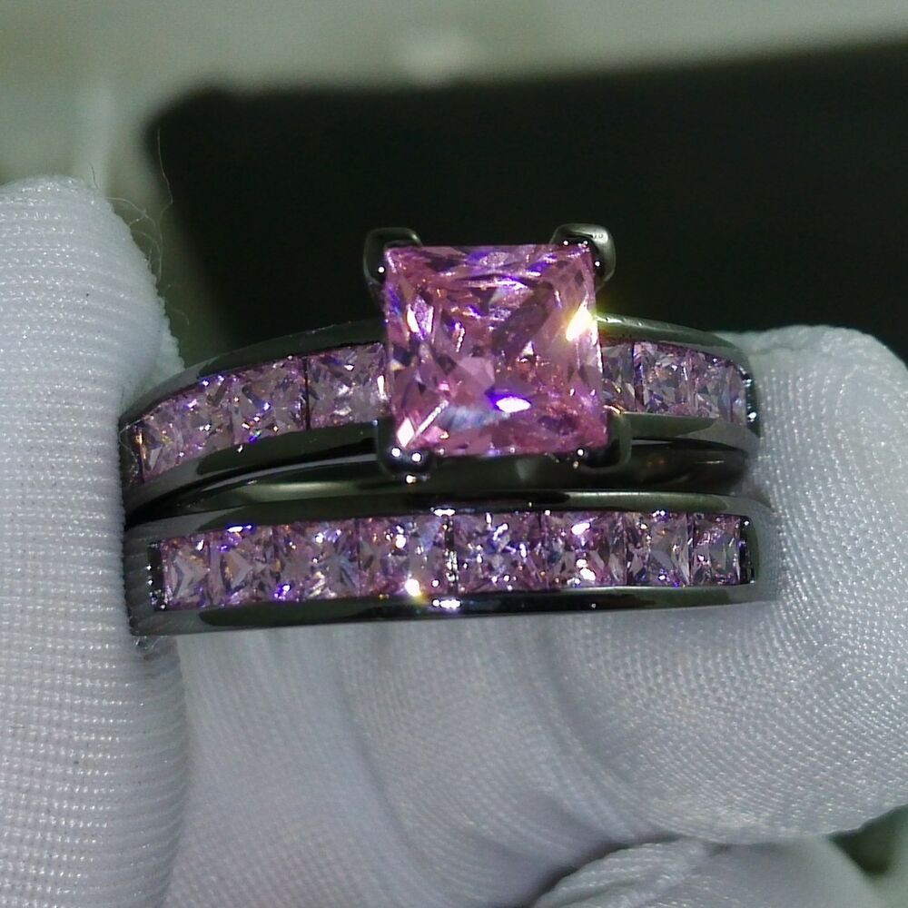 Pink Sapphire Wedding Rings
 Sz 5 10 Princess Cut Pink sapphire 10kt black Gold Filled