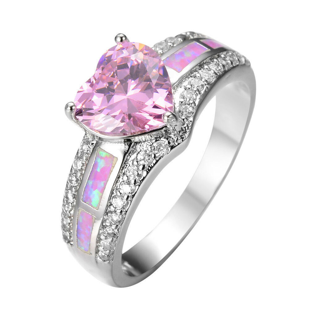 Pink Sapphire Wedding Rings
 Heart Pink Sapphire& Fire Opal Wedding Ring 10KT White