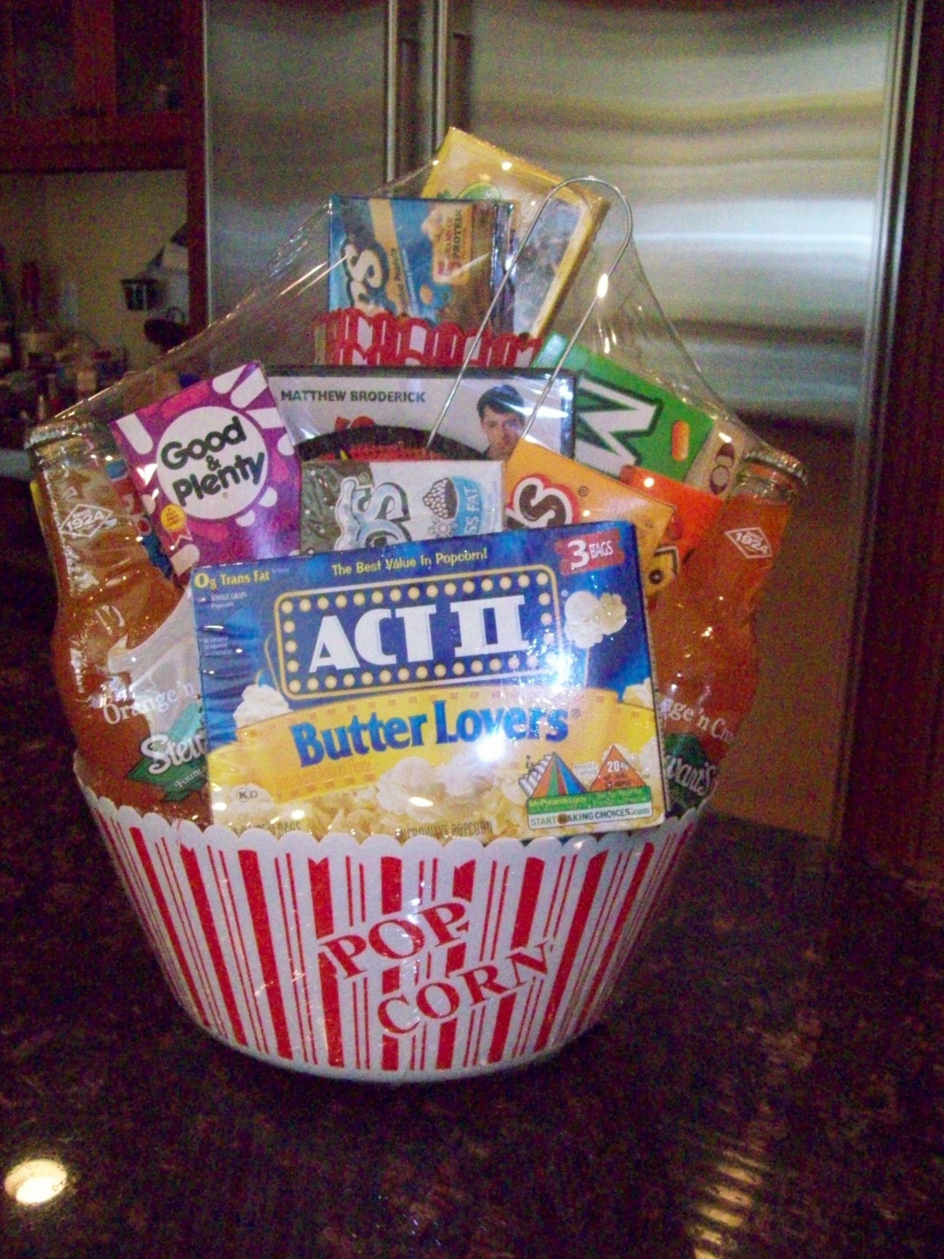 Popcorn Movie Gift Basket Ideas
 Movie night raffle basket round popcorn bucket variation