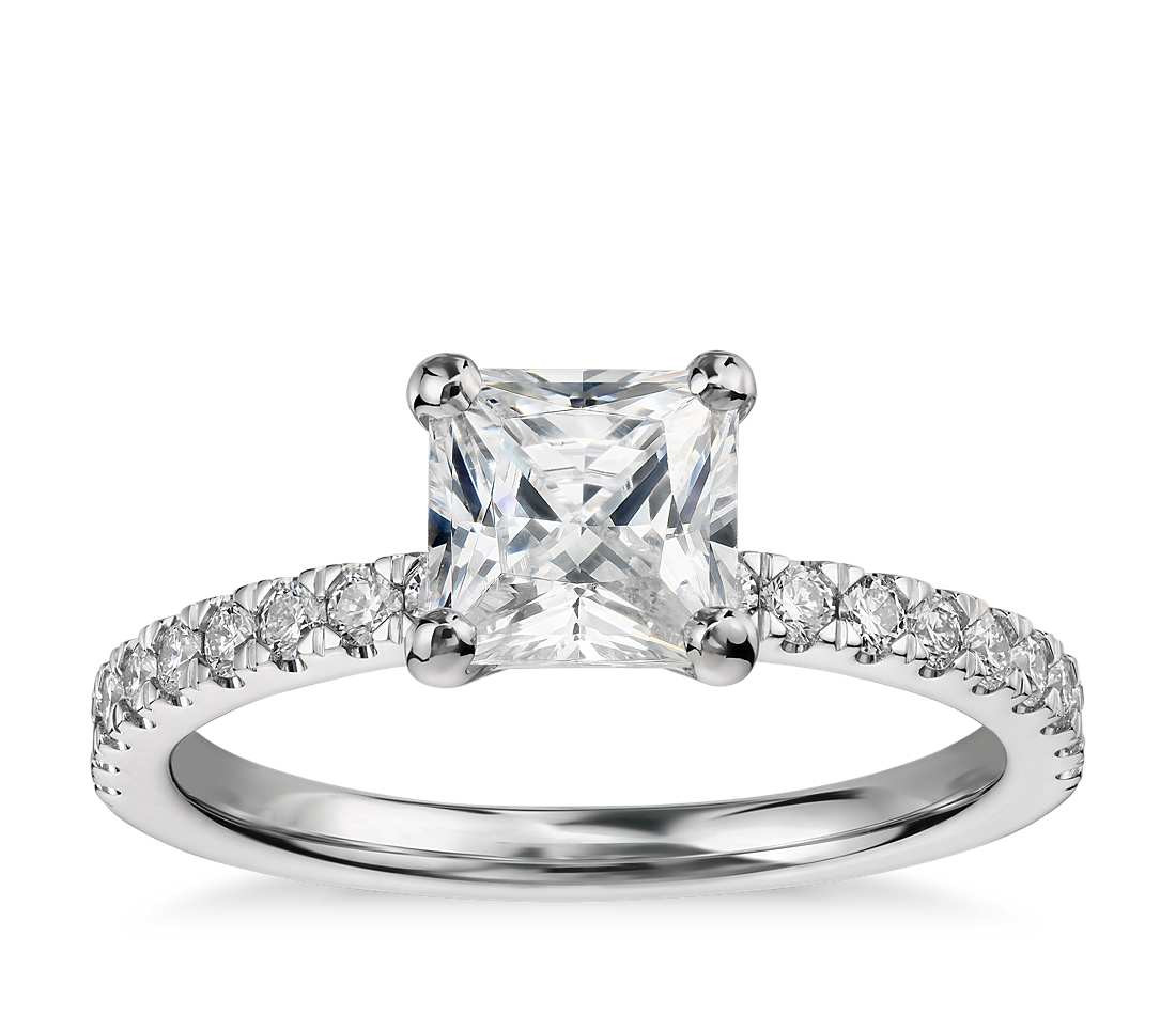 Princess Cut Diamond Engagement Rings White Gold
 1 Carat Preset Princess Cut Petite Pavé Diamond Engagement