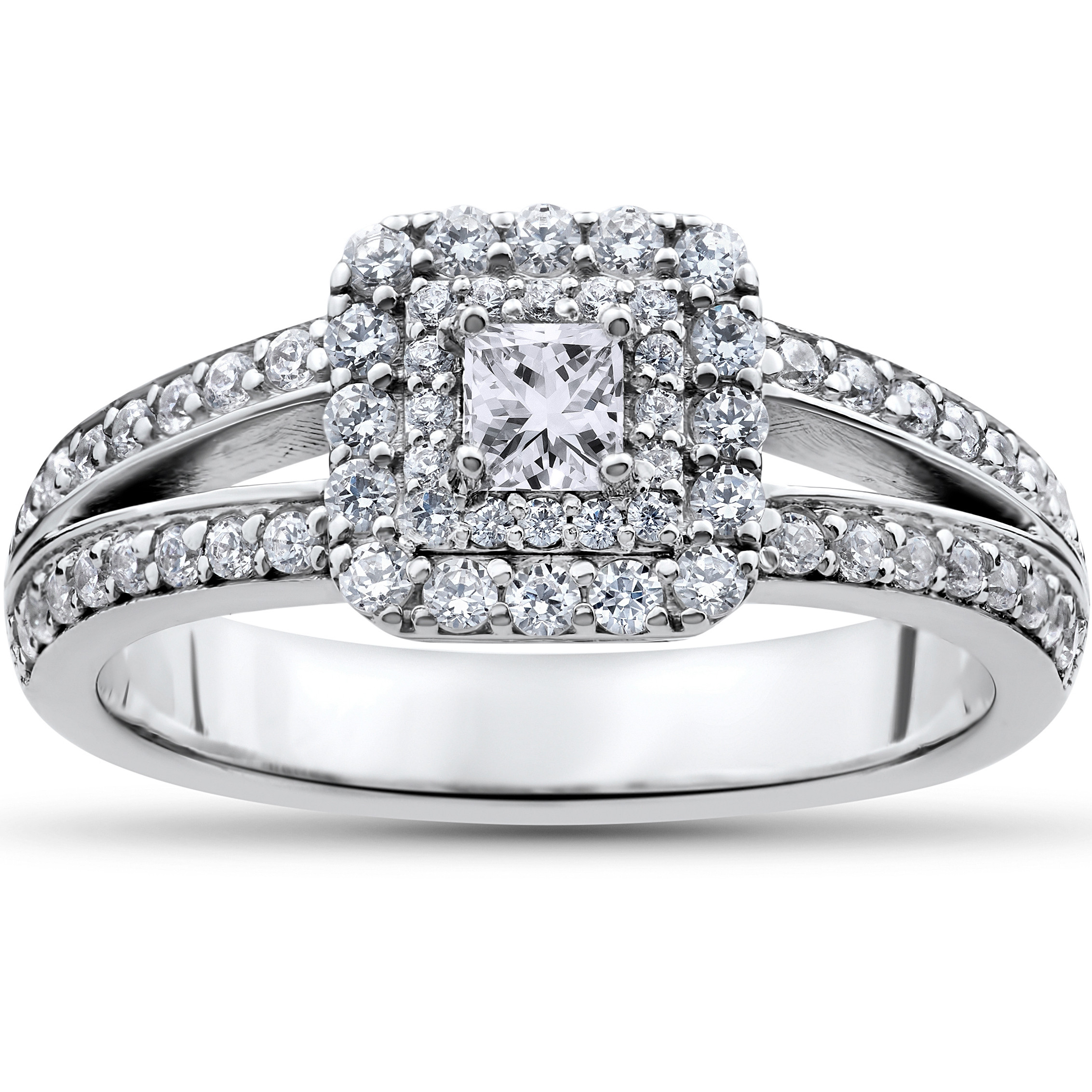 Princess Cut Diamond Engagement Rings White Gold
 1 ct Princess Cut Diamond Double Halo Engagement Ring 14k