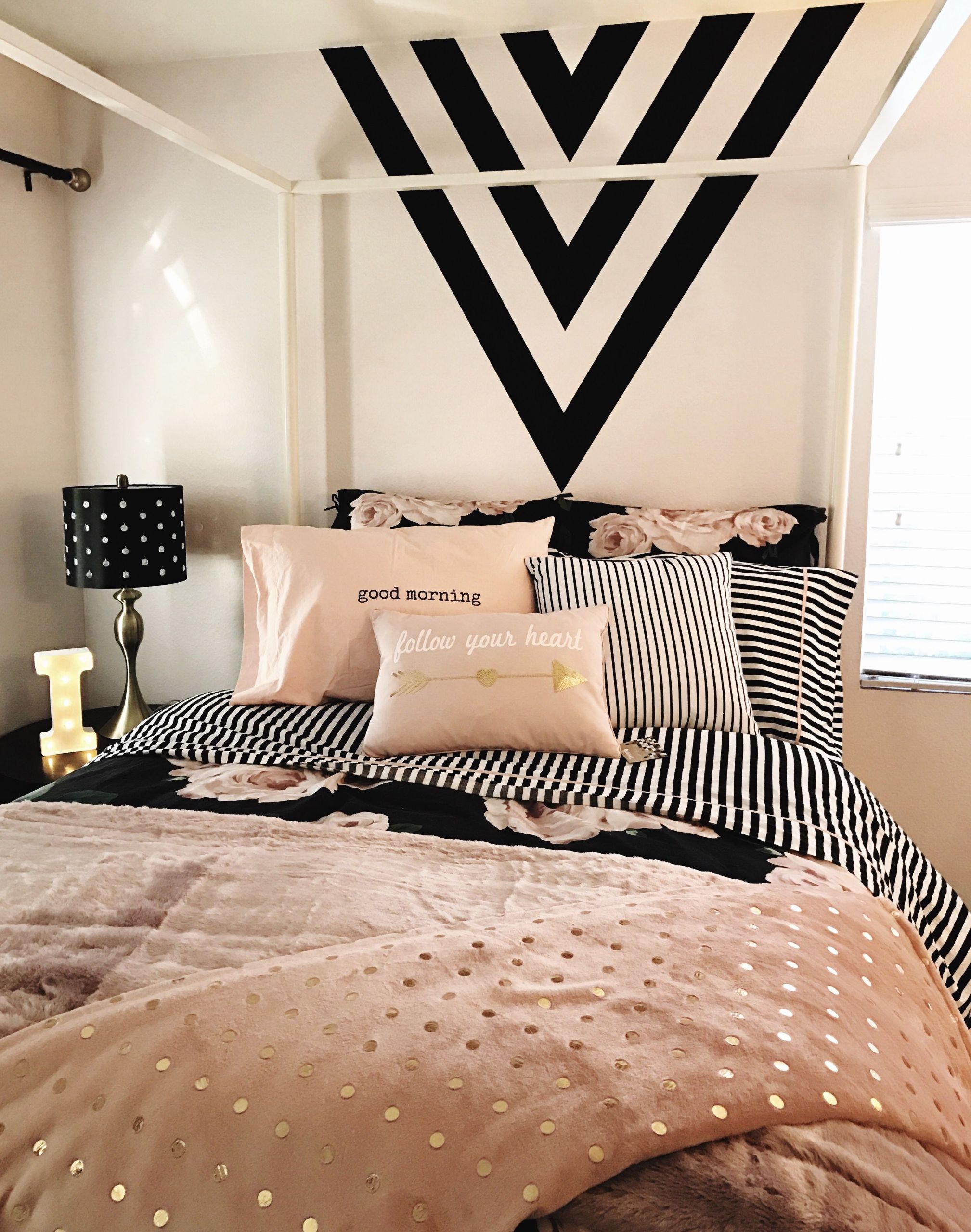 Rose Gold Bedroom Decor
 Girls room Black gold and pink Black paint feature wall