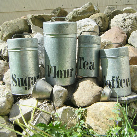 Rustic Kitchen Canister Sets
 4 Rustic Tin Kitchen Canister Set Country Western Chuck Wagon