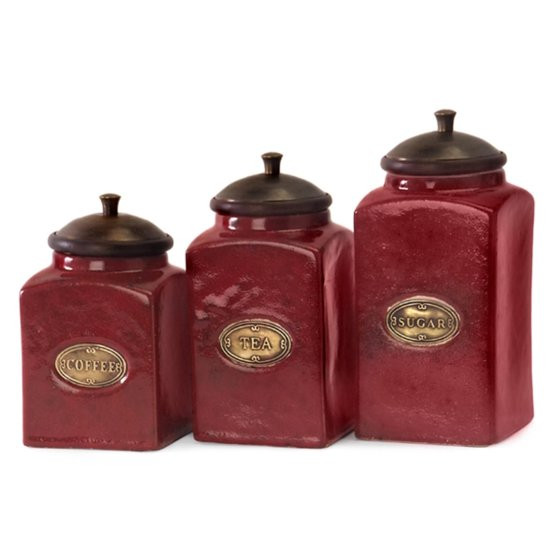 Rustic Kitchen Canister Sets
 Set of 3 Rustic Red Lidded Ceramic Kitchen Canisters