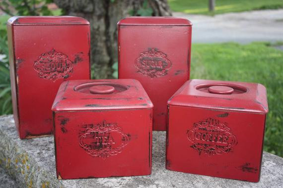 Rustic Kitchen Canister Sets
 Rustic Red Wooden Canister Set Shabby Chic Kitchen Decor