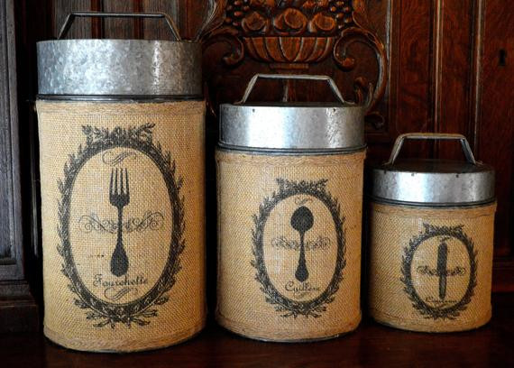 Rustic Kitchen Canister Sets
 Vintage Rustic Burlap Canister Set of 3 French Utensils