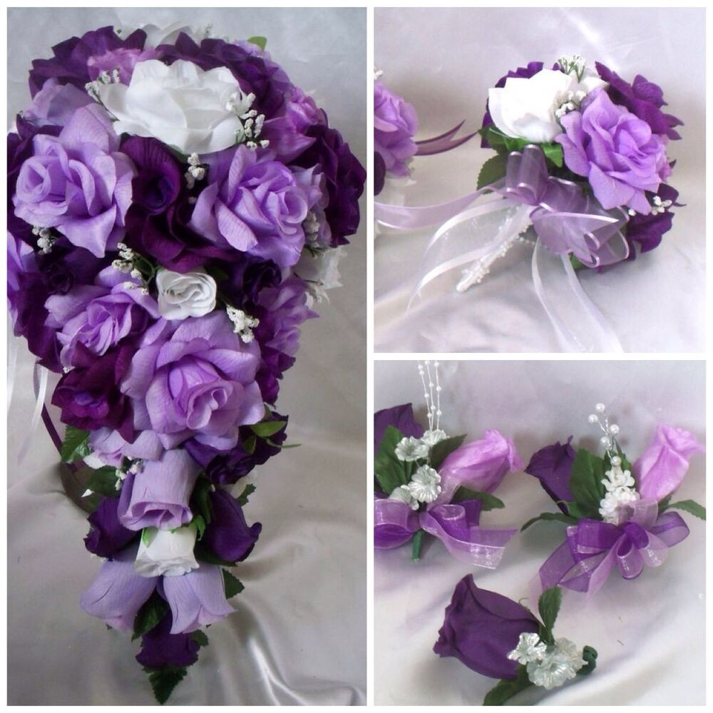 Silk Wedding Flower Packages
 Wedding Bridal Bouquet Cascade Lavender Purple Silk Rose