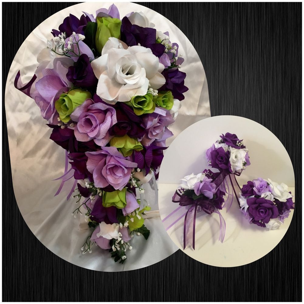 Silk Wedding Flower Packages
 Wedding Bridal Bouquet Package Lavender Purple Green Silk
