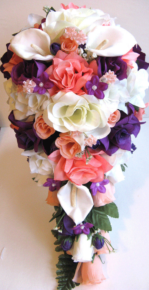 Silk Wedding Flower Packages
 21pc Bridal bouquets wedding Silk flower CORAL PEACH