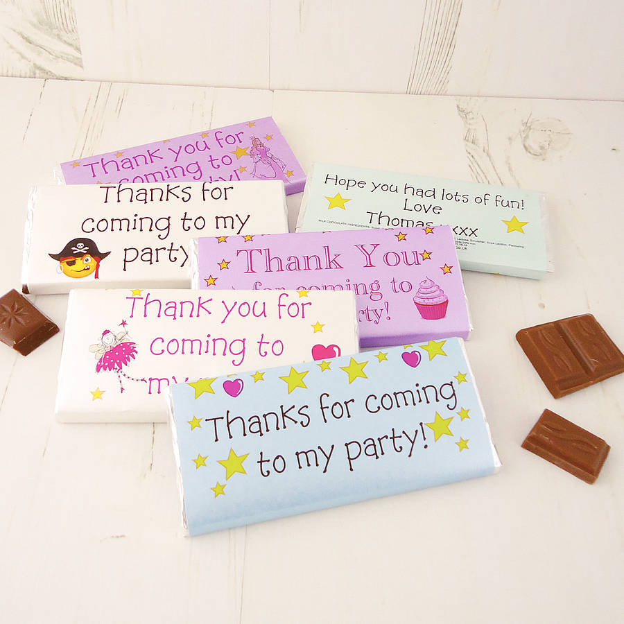 Thank You For Coming To My Party Gift Ideas
 personalised party bag favours by tailored chocolates and
