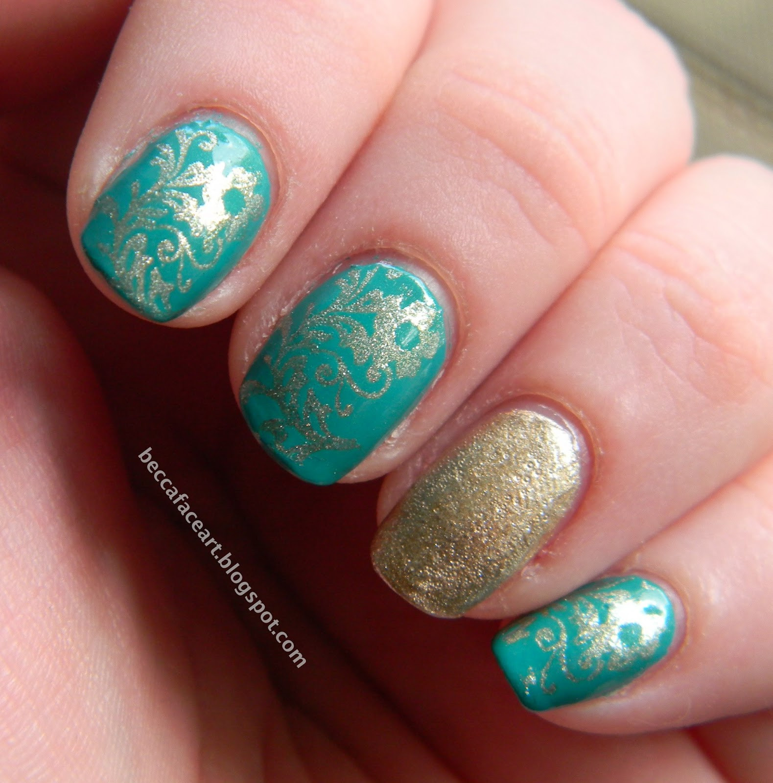 Turquoise Nail Ideas
 Becca Face Nail Art Turquoise and Gold Flower Nails