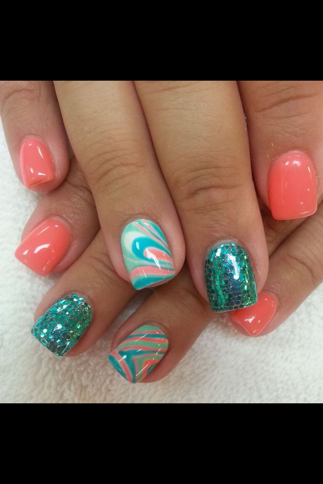 Turquoise Nail Ideas
 Swirls coral & turquoise Nails