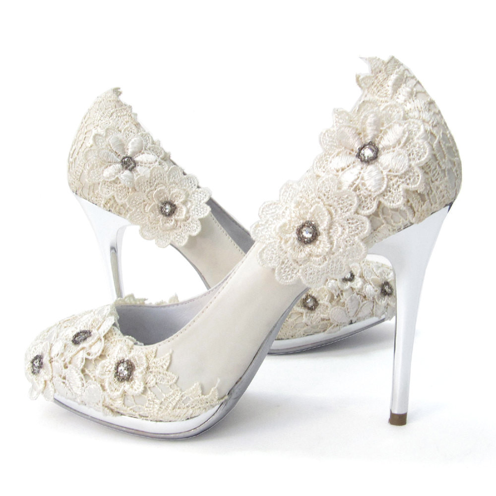 Vintage Lace Wedding Shoes
 SALE Ivory Vintage Lace Wedding Shoes with Crochet Flower