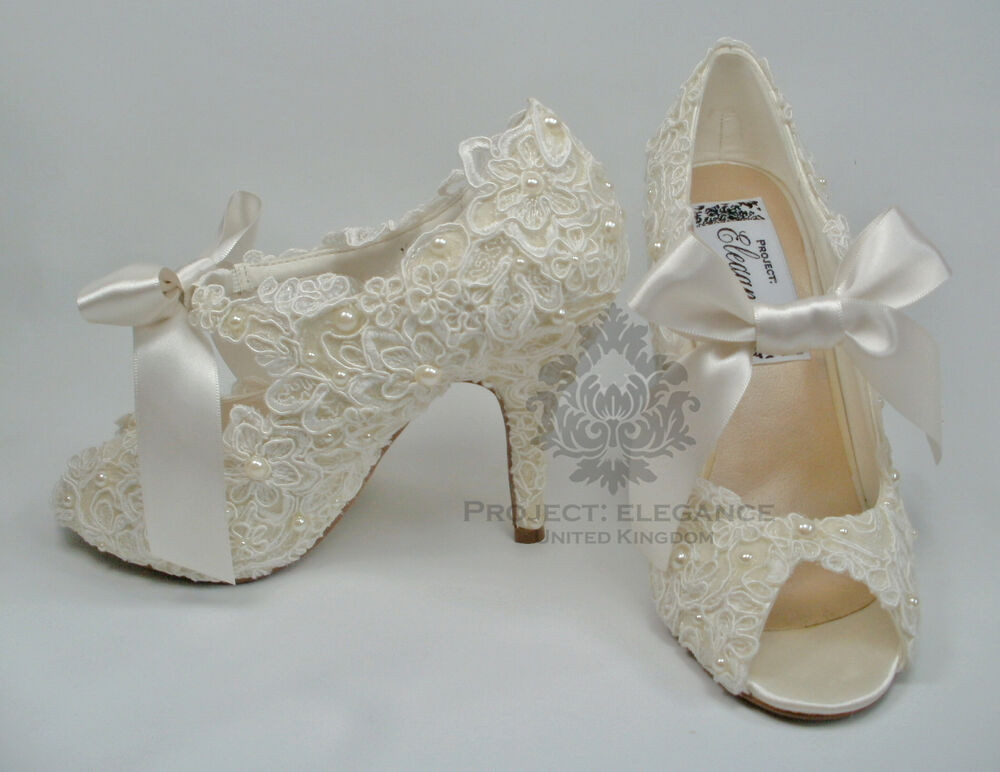 Vintage Lace Wedding Shoes
 WOMENS NEW IVORY VINTAGE LACE PEARL PEEP TOE HIGH HEEL