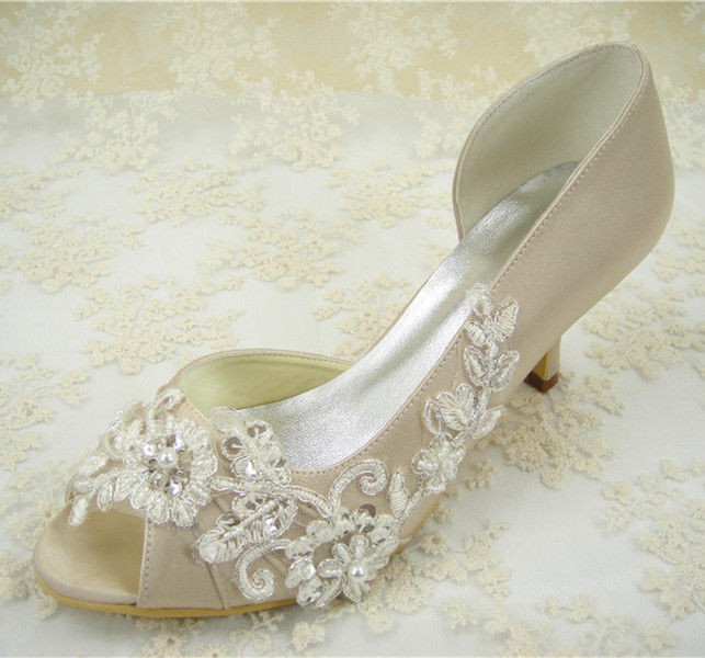 Vintage Lace Wedding Shoes
 Vintage Champagne Beaded Lace Bridal Shoes Peep Toe
