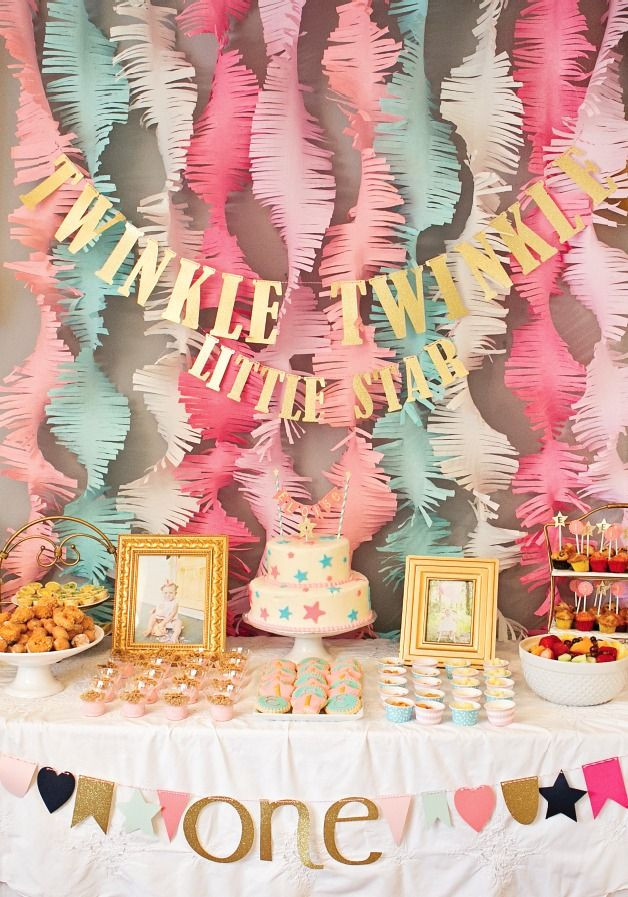 1 Year Old Baby Girl Party Ideas
 Pink and Gold Twinkle Little Star 1st Birthday Party