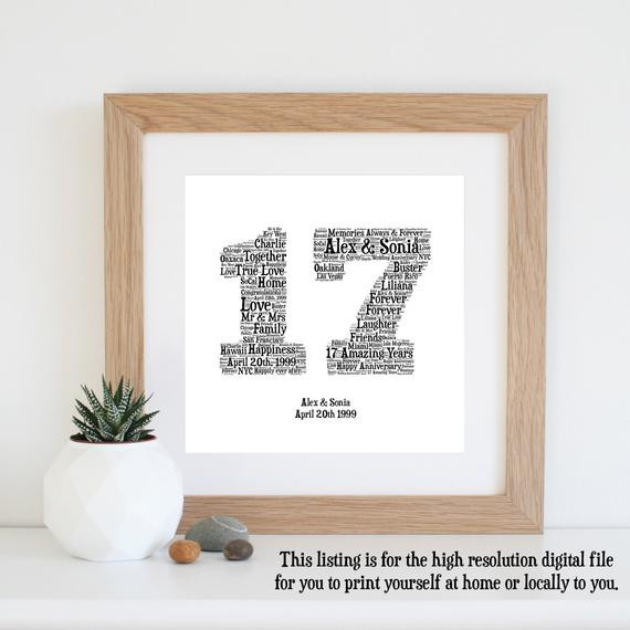 17th Wedding Anniversary Gifts
 Personalised 17th ANNIVERSARY GIFT Word Art Printable