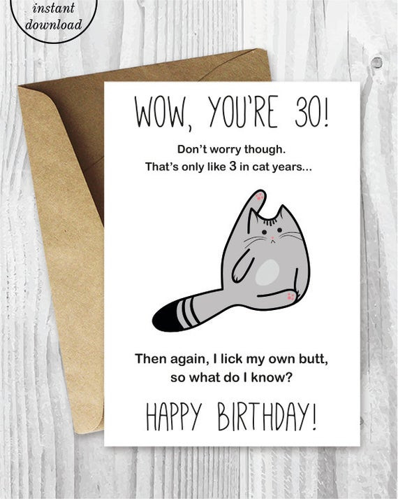 30th Birthday Cards
 30th Birthday Card Printable Birthday Card Funny Cat