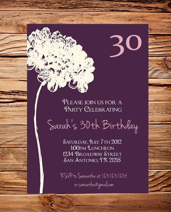 30th Birthday Party Invitations
 30th Birthday Invite 40th 50th Birthday Adult Flower
