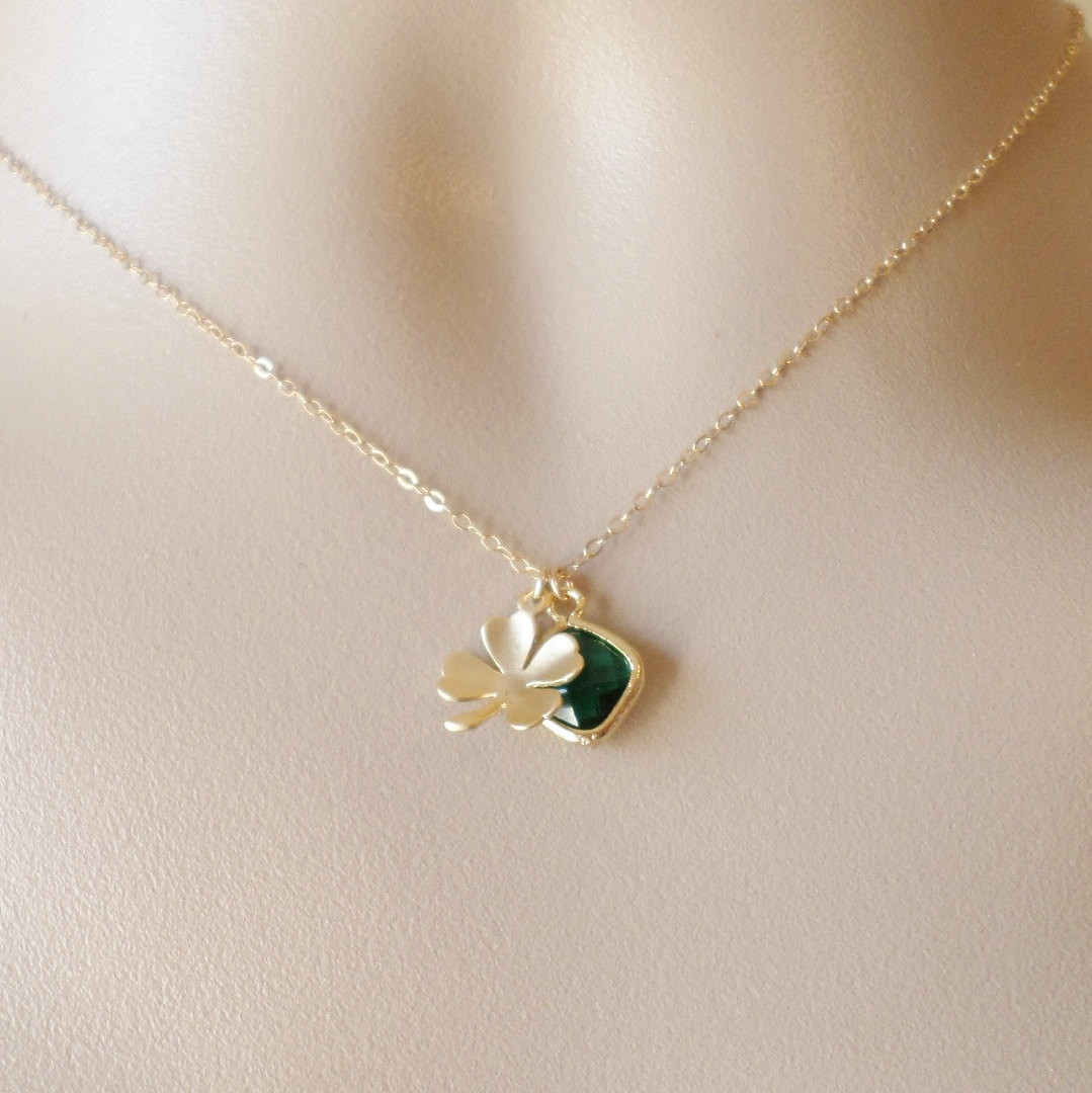 4 Leaf Clover Necklace
 Gold Four Leaf Clover and Emerald Necklace Clover Necklace