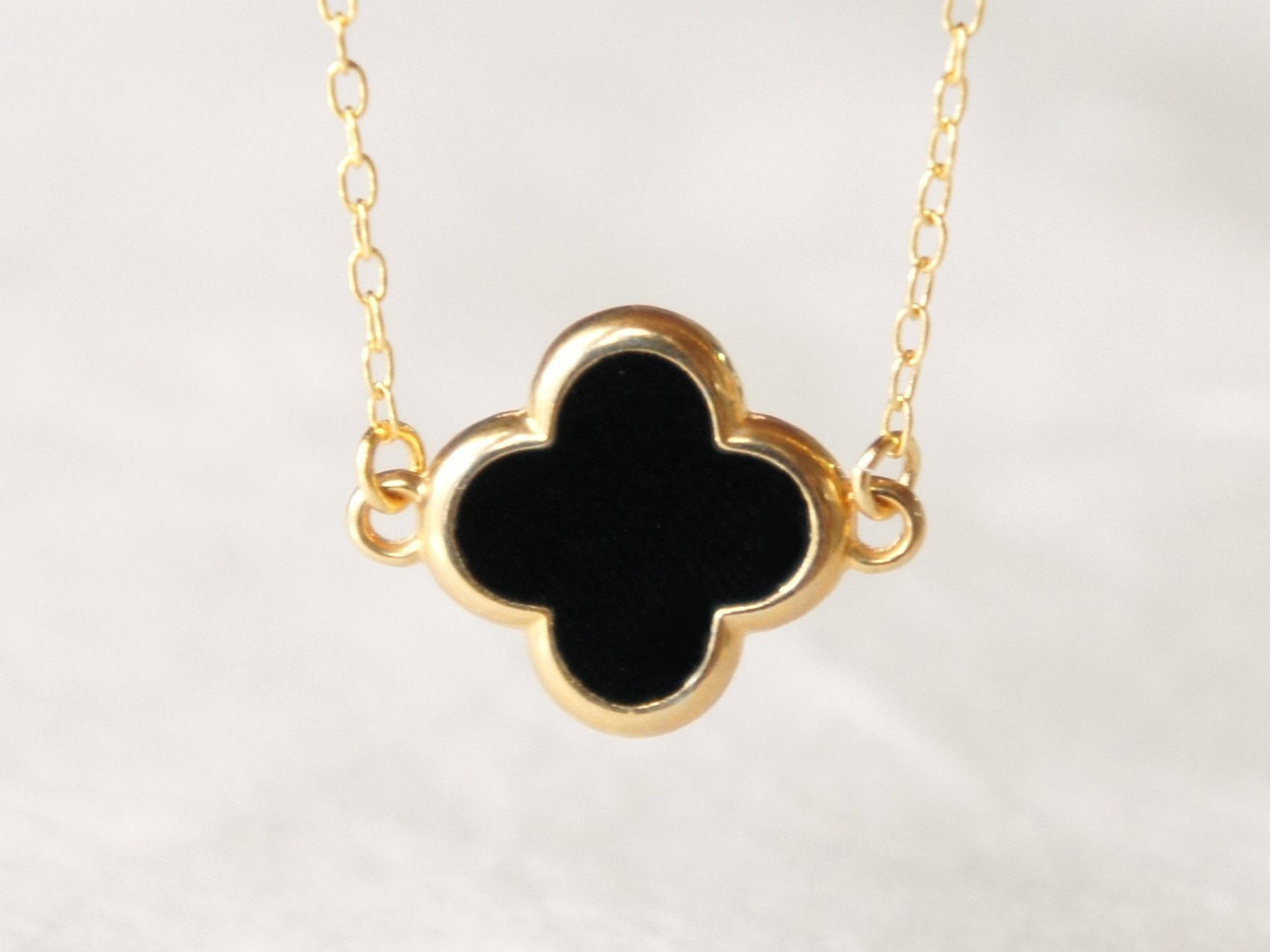 4 Leaf Clover Necklace
 Black four leaf clover necklace delicate 14k gold by